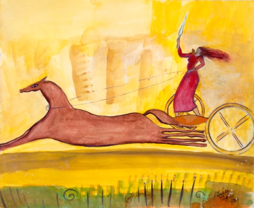 Medb Rides Forth, painting by Judith Shaw